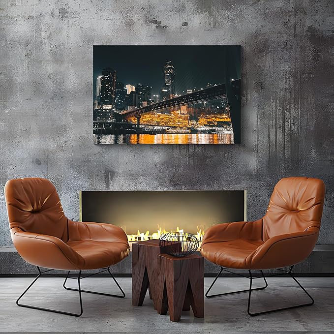 NAN Wind 1PCS Chongqing City Nightscape Canvas Wall Art Illuminated Chinese Skyline with Bridge Skyscrapers Modern Urban Landscape Photography Print for Living Room Office Bedroom Decor