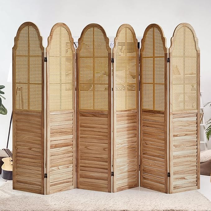 6 Panel Rattan Room Divider, 6 FT Tall Portable Partition Solid Wood Frame Folding Privacy Screen, Partition Room Divider Ideal for Bedroom Living Room Office, Light Brown