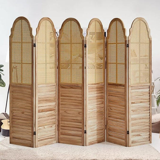 6 Panel Rattan Room Divider, 6 FT Tall Portable Partition Solid Wood Frame Folding Privacy Screen, Partition Room Divider Ideal for Bedroom Living Room Office, Light Brown