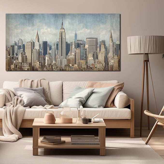 Modern City Wall Art for Living Room Large New York Skyline Canvas Wall Decor for Office Bedroom Apartment Wall Decoration Ready to Hang 29 x 58 Inch