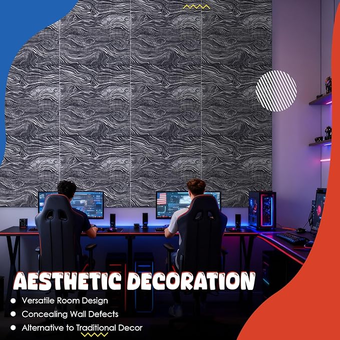 Acoustic Wall Panels 6 Pack, 24"x24"Decorative Art Soundproof Panels, Sound Absorbing Self-Adhesive Panel, Acoustic Treatment for Studio, Home Theater, Office (Ocean AuraStone)