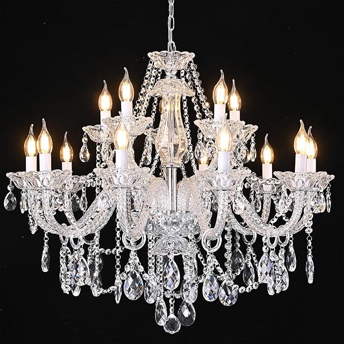 Clear K9 Crystal Chandelier 15 Light Pendant Lighting Fixture for Dining Room Living Room Bedroom Hallway Entryway Elegant Ceiling Lamp E12 Clear
