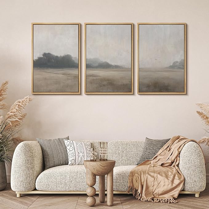 MUDECOR Framed Wall Art Print Set Serene MeadowTranquil Landscape with Foggy Fields and Distant Trees Illustrations Realism Decorative for Living Room, Bedroom, Office - 24"x36"x3 Natural