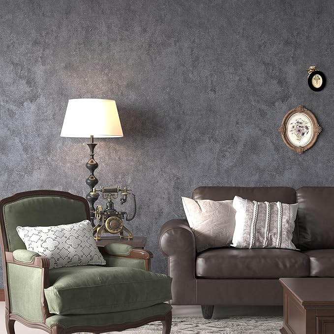 16"×591" Big Roll Large Size Thick Dark Blue Grey Concrete Wallpaper Peel and Stick Waterproof Gray Concrete Contact Paper Vinyl Adhesive Glossy Cement Sticker for Bedroom Living Room Gym Walls