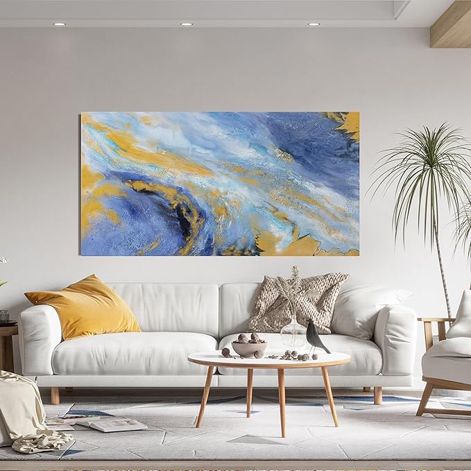 Canvas Wall Art Decor Large Blue Gold Wall Art Prints Modern Abstract Wall Art for Living Room Art Work for Wall Decor Azure - Gold Fluid Symphony Artwork for Walls Home Office Decor 24" X 48"