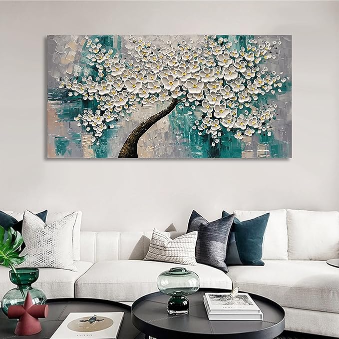 3D Abstract Art Oil Painting White Flower Tree Painting Textured Palette Knife White Flower Painting Modern Canvas Wall Art Home Decoration Home Painting (24x48 inches)
