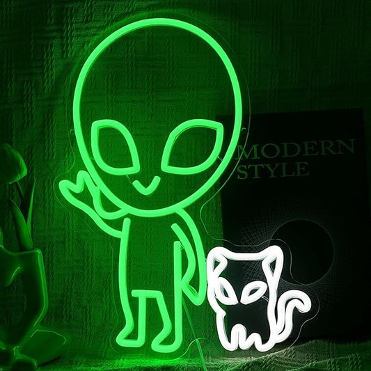 Alien Cat Neon Sign Dimmable Weird Alien Neon Light Wall Decor 5V USB Powered Cute Cat LED Light Sign for Bedroom Living Room Game Room Man Cave Bar Party Cafe Boys Girls Gift(16.5 * 12.6In)