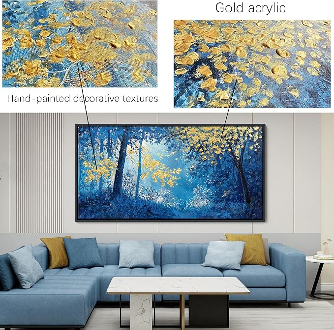 Blue and Gold Canvas Wall Art - Forest Bedroom Wall Art - Tree Wall Pictures for Living Room, Office, or Bedroom - Nature Landscape Canvas Decor Framed Painting 24×48IN