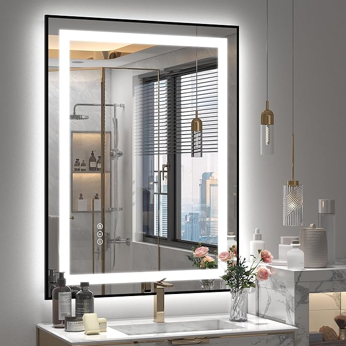 24x32 LED Bathroom Mirror with Black Frame, Lighted Vanity Mirrors for Bathroom Wall, Frontlit and Backlit, Anti-Fog, Dimmable, Shatterproof, ETL Listed