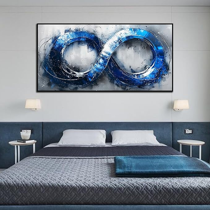 Ouzzlie Blue Picture Wall Decor for Living Room Office Abstract Canvas Wall Art Large Circle Modern Artwork Grey and White Art 29" x 59"