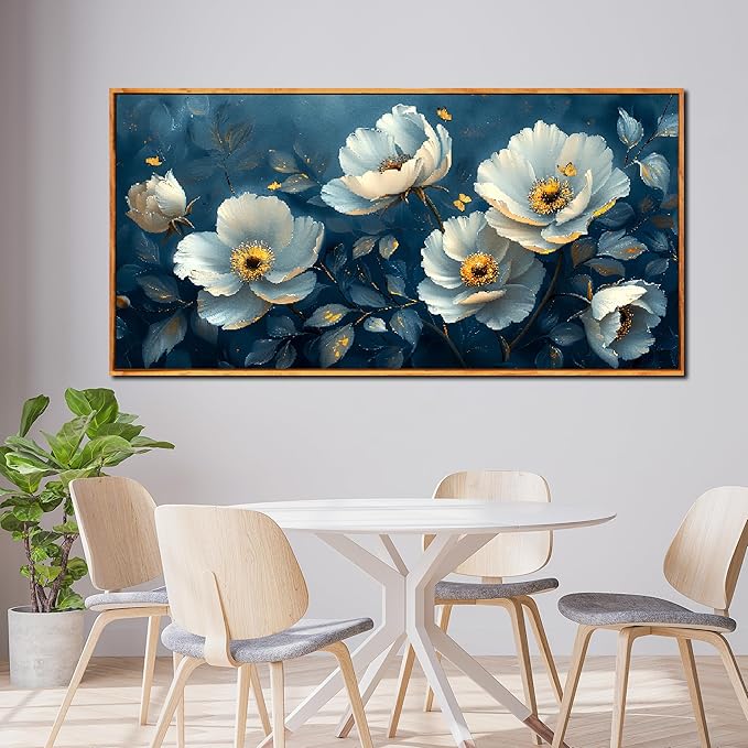 Ouzzlie Large Flower Wall Decor Blue Wall Art for Living Room Office Gold Butterfly Picture Artwork Canvas 29" x 59"