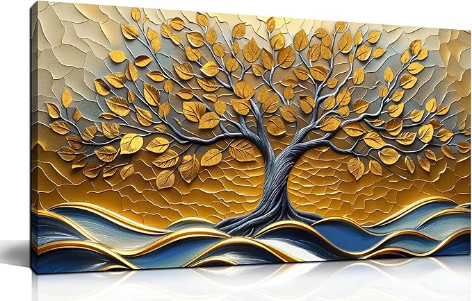 CANEITO Tree Wall Art for Living Room, Gold Wall-Decor for Bedroom, Modern Landscape Poster Canvas Print, Size 40x20 Inches