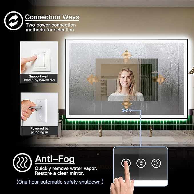 55x36 Large Light Bathroom Mirror - Backlit and Front Lighted LED Wall-Mounted Vanity Mirror Modern Rectangle Black Mirror, Dimmable, Anti-Fog, Memory, Shatterproof, ETL Listed (Horizontal/Vertical)