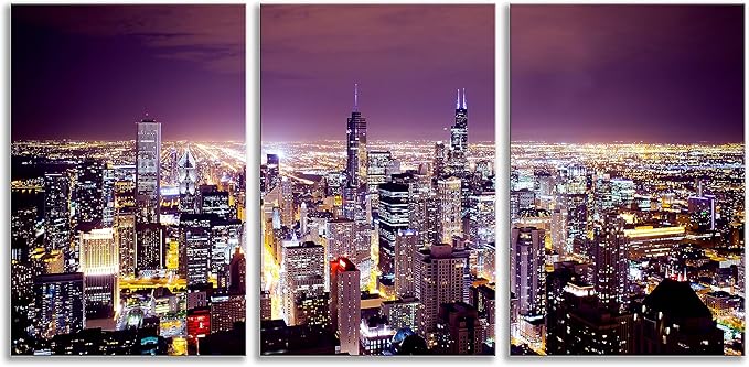 NAN Wind Large Modern City Chicago Skyline Pictures Cityscape Canvas Wall Art for Bedroom Downtown Poster Office Dining Room Wall Decor Wood Framed Night Scene Prints Paintings for Home Decorations