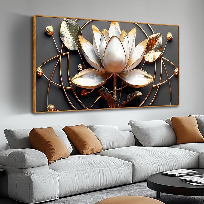Lotus Flower Wall Art for Living Room, Floral Canvas Wall Decor for Bedroom, Black White and Gold Picture Print, Large Size 59 x 29 Inches Framed