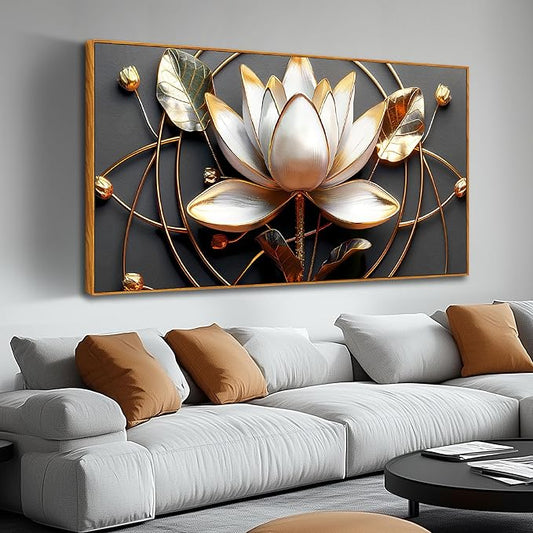 Lotus Flower Wall Art for Living Room, Floral Canvas Wall Decor for Bedroom, Black White and Gold Picture Print, Large Size 59 x 29 Inches Framed