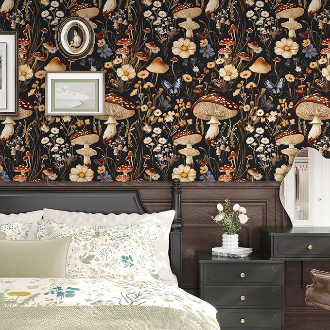 Mushroom Peel and Stick Wallpaper Vintage Wallpaper Floral Contact Paper Leaf Wall Paper for Cabinet Bedroom Backsplash Renter Friendly Removable 17.5 x 393.5In