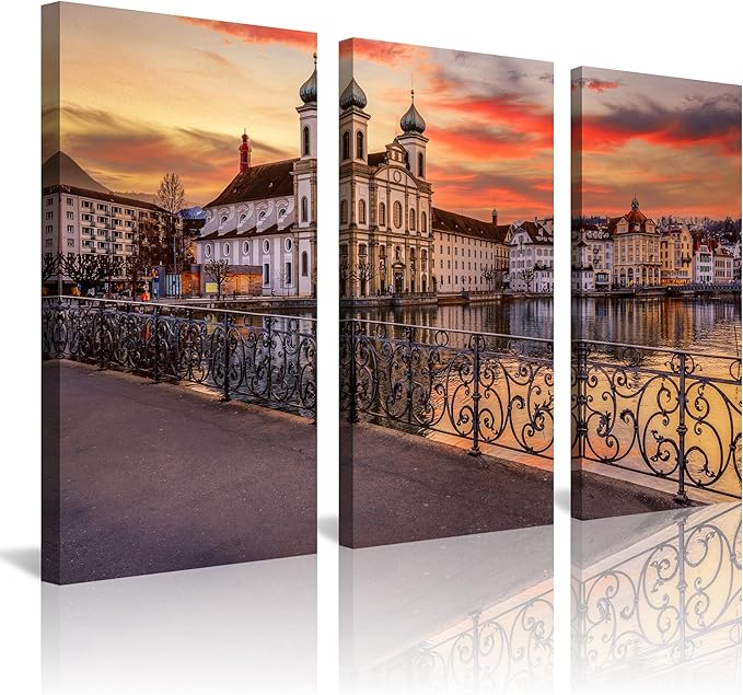 3Pcs European Cityscape Canvas Wall Art Scenic Sunset Over River Cathedral with Domes Lucerne-Inspired Architecture Romantic Travel Destination Decorative Framed Artwork for Living Rooms Bedrooms