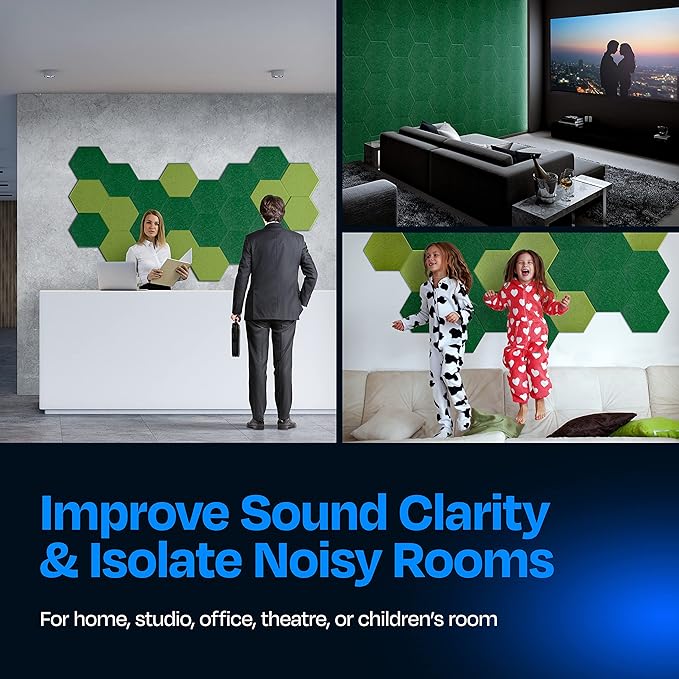 Acoustic Soundproof Wall Panels 12-Pack - 14"X12.1"X0.4" High Density Sound Dampening - Dark Green Hexagon