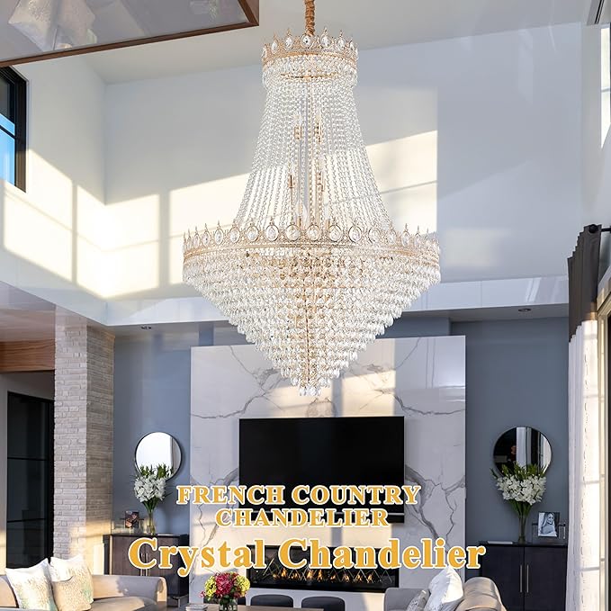 KoKo&Yukina 40" Gold Crystal Chandeliers French Empire Chandeliers K9 Crystal Modern Farmhouse Crystal Chandelier Adjustable Hanging Chandelier for Staircase Foyer Hallway