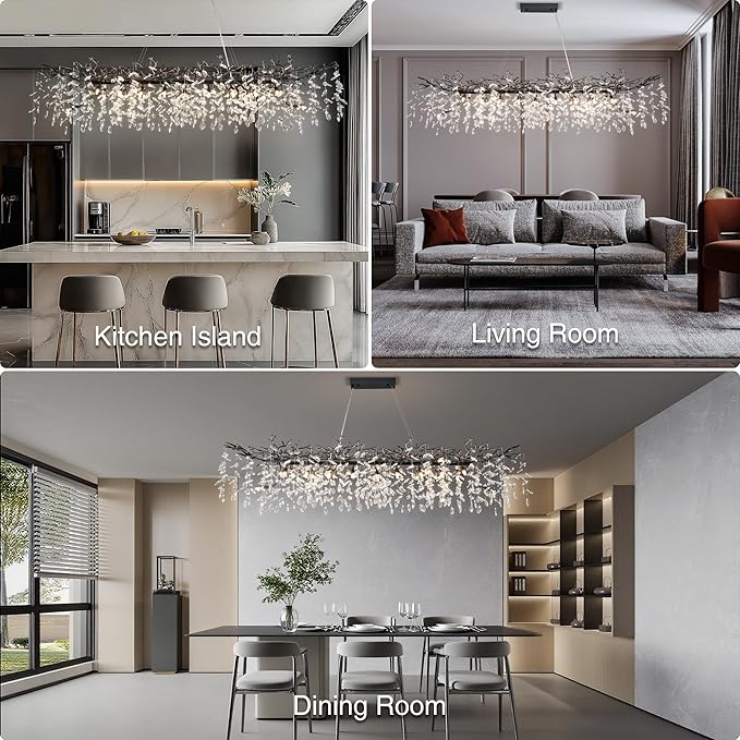 71" Black Crystal Chandelier, 20-Light Modern Tree Branch Chandelier, Luxury Rectangular K9 Crystal Raindrop Chandeliers for Dining Room Kitchen Island Living Room, Contemporary Pendant Light Fixture