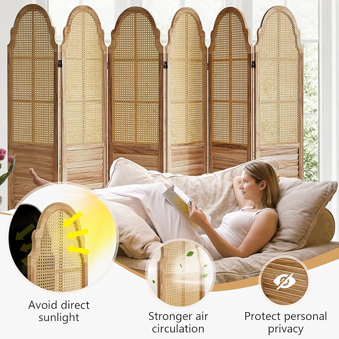 6 Panel Rattan Room Divider, 6 FT Tall Portable Partition Solid Wood Frame Folding Privacy Screen, Partition Room Divider Ideal for Bedroom Living Room Office, Light Brown