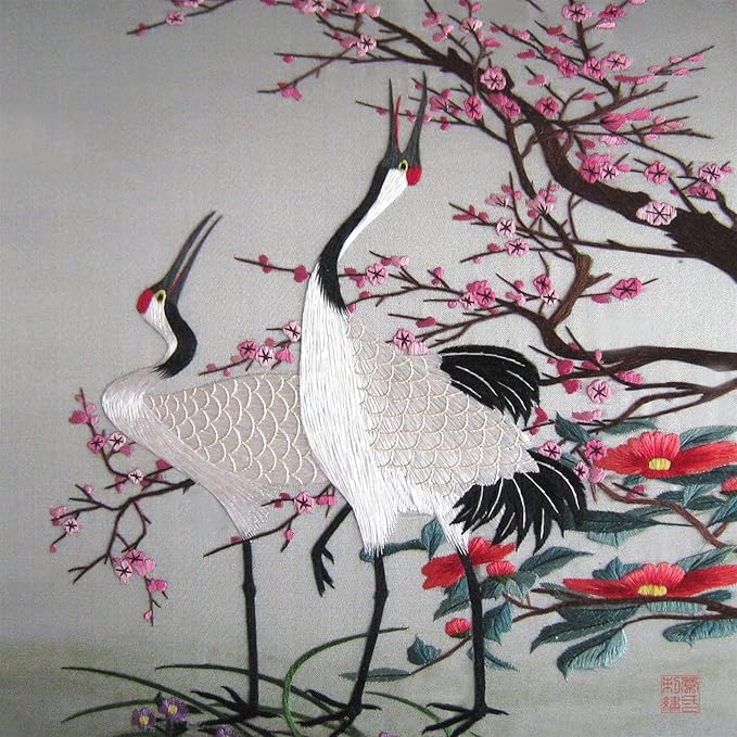 100% Handmade Embroidery Framed Red Crowned Japanese Cranes & Cherry Blossoms Oriental Wall Hanging Art Asian Decoration Tapestry Artwork Picture Gifts 31074WFB1