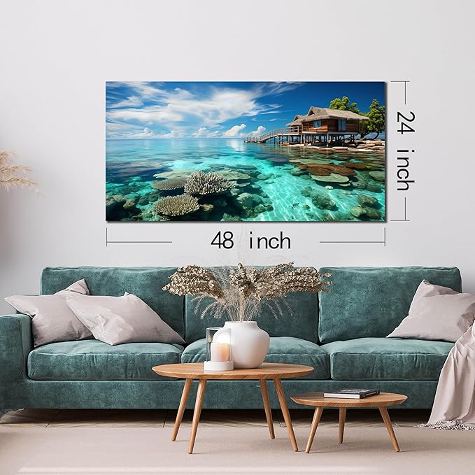 Ocean Scenic Canvas Wall Art, Blue Seascape Wall-Decor Picture , Ocean Scenery Canvas Decoration, Coastal Landscape Print Decorative Artwork for Home living Room Bedroom and Office, Size 48x24 Inches