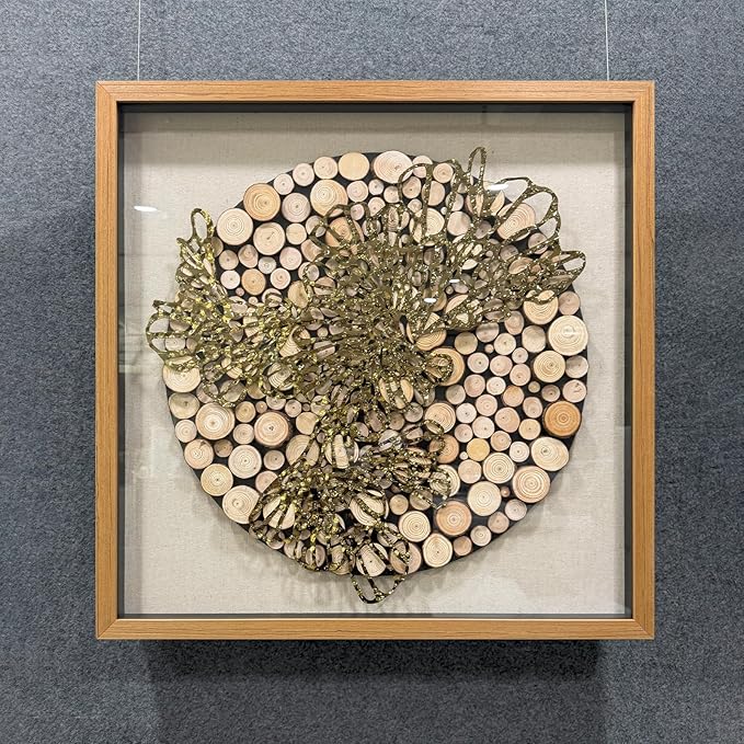 BrightA 3D Textured Wood Block Wall Art - Hand-Assembled Timber Base with Golden Vine Metal Accents, Tempered Glass & Solid Wood Frame Contemporary Decorfor Living Room Office 31.5"x31.5"