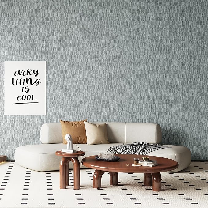 24"x393" Grasscloth Peel and Stick Wallpaper Fabric Textured Contact Paper for Cabinets, Faux Linen Vintage Matte Frosted Waterproof Flax Wallpaper for Bedroom Bathroom Kitchen (Blue-Gray)