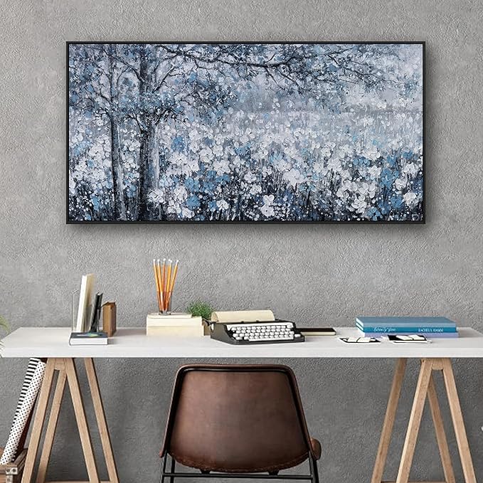 Canvas Wall Art Print Paintings Blue And White Abstract Tree Flower Landscape Home Prints Decor Framed Ready To Hang For Living Room Bedroom And Office Home Kitchen Artwork 20"×40"