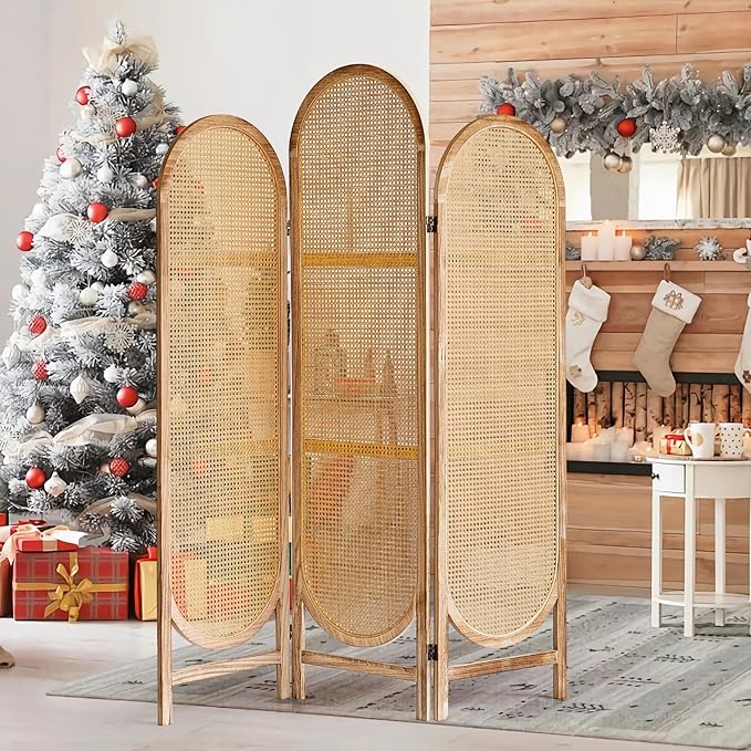 5.9 Ft Tall 3 Panel Room Divider Screen, Foldable Wooden Room Divider Panel, Folding Privacy Screen Made of Hand-Woven Rattan, Portable Wall Divider for Room Separation HomeOffice - Natural