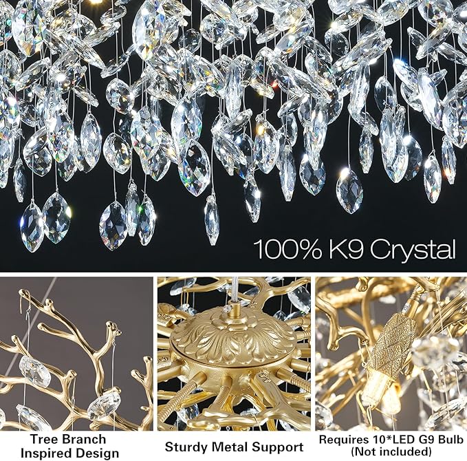 Modern Crystal Chandelier, 30" Chandeliers for Dining Room,Gold K9 Crystal Tree Branches Crystal Chandelier,10-Light Living Room Chandeliers, for Entryway, Foyer, Bedrooms, Bathroom
