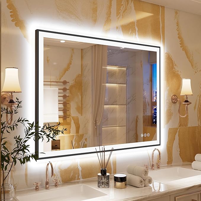 LED Mirror for Bathroom - 48x36 Vanity Mirror, Backlit & Front Light, Framed Dimmable, Anti-Fog, Shatterproof, Memory, 3 Colors
