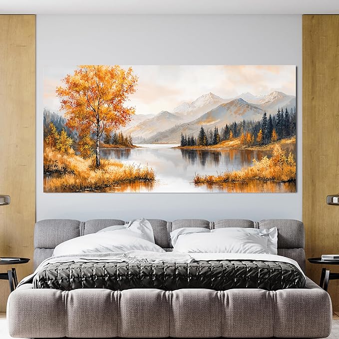 Large Wall Art Decor Art Work for Wall Decor Yellow Botanical Wall Art Prints Oversized Vintage Landscape Wall Art Decorations Lakeside Art Work for Walls Bedroom Ofiice Decor Aesthetic 29" X 58"