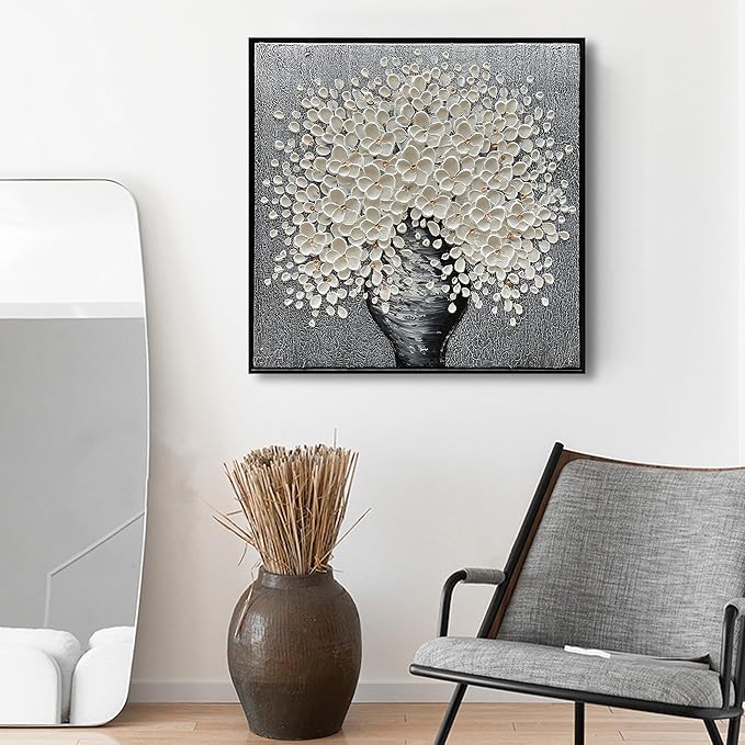 24x24 Inch 100% Hand-Painted White Flowers 3D Abstract Decorative Oil Painting, Hall Wall Decorative Frame Wall Art Ready to Hang