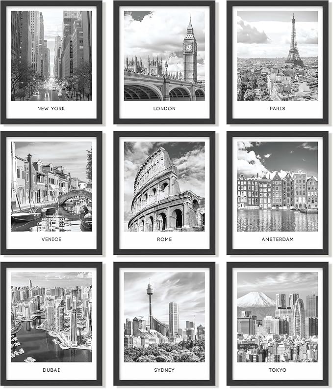 97 Decor FRAMED Black White City Wall Art Print - Cityscape Pictures, Famous Architecture Landscape Artwork Wall Decor, European Buildings Poster, New York City Skyline Photo (BLACK FRAME)
