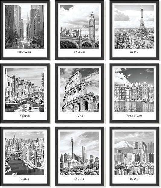 97 Decor FRAMED Black White City Wall Art Print - Cityscape Pictures, Famous Architecture Landscape Artwork Wall Decor, European Buildings Poster, New York City Skyline Photo (BLACK FRAME)