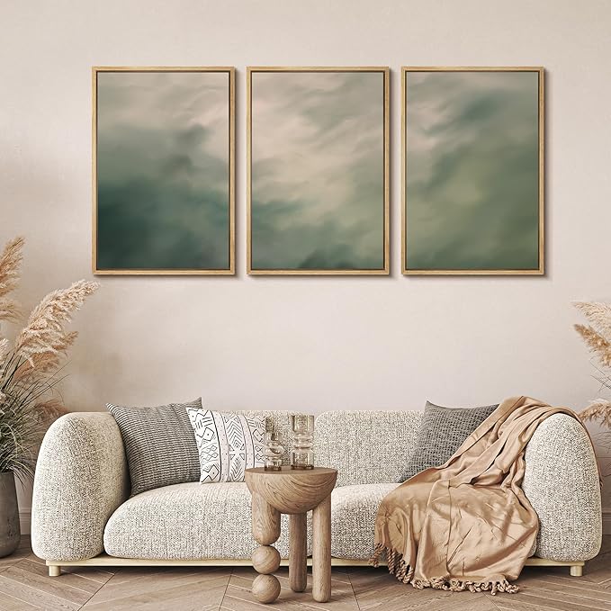 MUDECOR Framed Wall Art Print Set Soft Green Cloudscape Tranquil Abstract Nature Illustrations Modern Art Boho Decorative Colorful Chic for Living Room, Bedroom, Office - 24"x36"x3 Natural