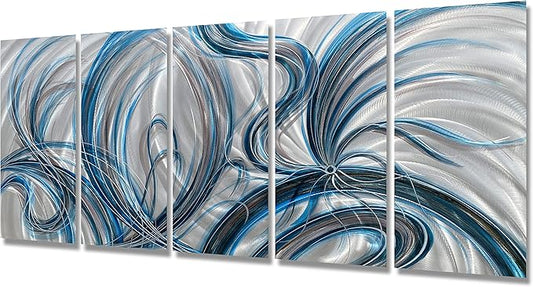 BATRENDY ARTS Handcrafted Abstract Metal Wall Art Decor Huge Blue and Silver Aluminium Painting 3D Scuplture Artwork for Livingroom Bedroom Office