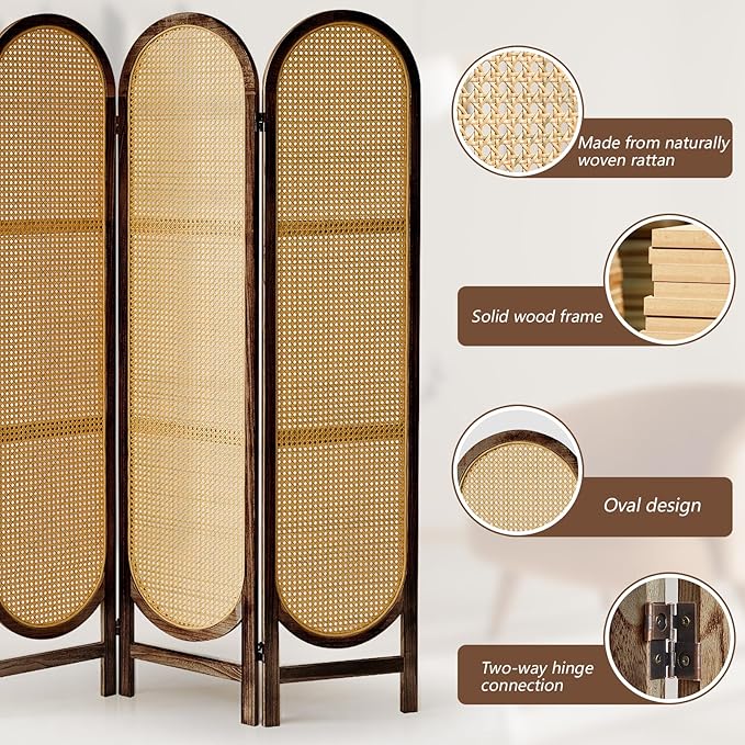 ALeesinwing 6 Panels Room Dividers, Hand-Woven Rattan Room Divider Panel and Folding Privacy Screens, Wood Room Divider Wall Freestanding Room Partitions Screen for Home Office Bedroom, Dark Brown