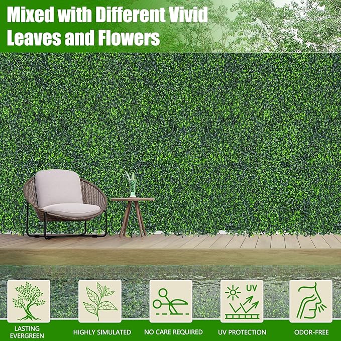 Artificial Boxwood Roll,48x120 in(40 sqft) UV-Anti Faux Ivy Grass Wall Backdrop for Balcony Privacy, Fake Grennery Wall Decor for Garden, Patio, Backyard