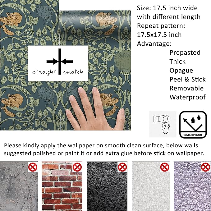 Livelynine Vintage Floral Wallpaper Peel and Stick William Morris Golden Lily Green Blue Victorian Antique Wall Paper Prepasted Dark Floral Contact Paper for Cabinets Waterproof Leaf Flower 17.5x78.8