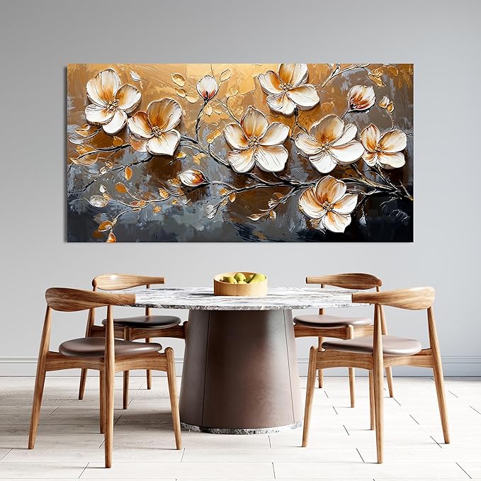 Canvas Wall Art Decor Large Wall Art Pictures for Living Room Canvas Art Wall Decor Large Artwork for Walls Vintage Floral Wall Art Decor White Gold Wall Art Prints for Home Office Wall Decor 29"X58"
