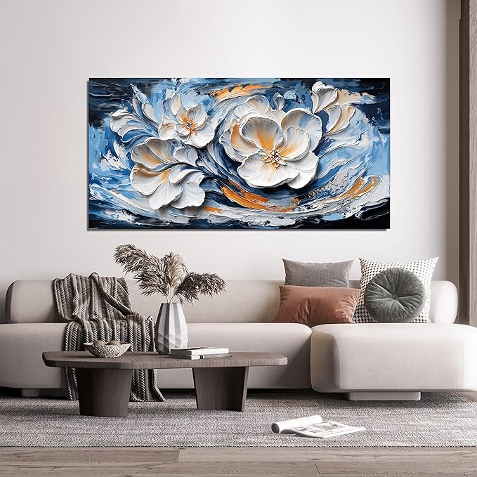 Large Canvas Wall Art Decor Wall Art Pictures for Living Room Abstract Canvas Art Wall Decor Blue White Wall Art Prints Modern Flower Wall Art Decorations Bederoom Office Home Decor 24" X 48"