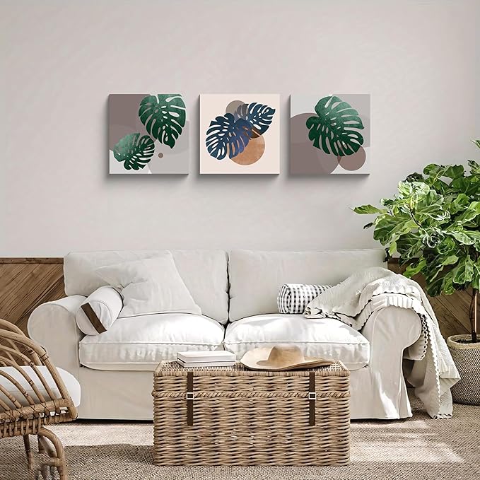 NAN Wind 3Pcs Tropical Leaf Wall Art Palm Frond and Foliage Canvas Print with Bold Orange Teal Yellow Shapes Mid-Century Modern Botanical Plant Pictures for Boho Living Room Bedroom Office Wall Decor