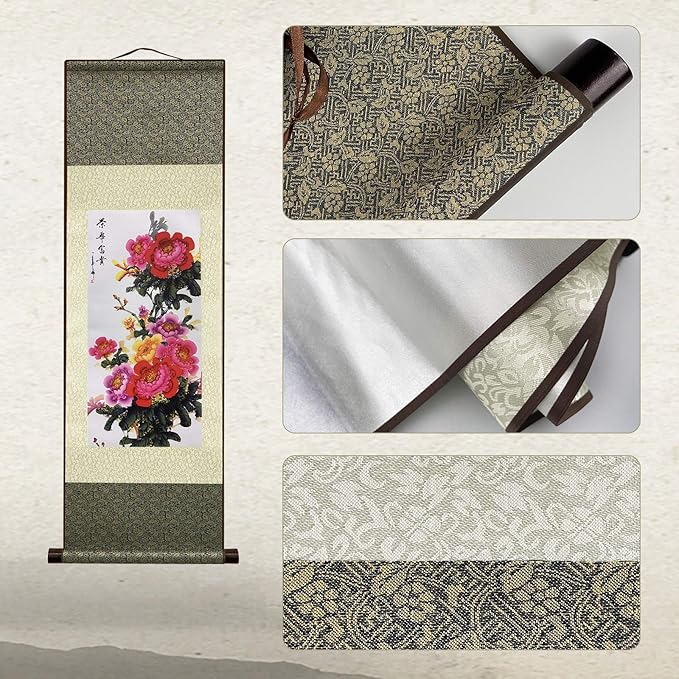 AtfArt Asian Wall Decor Beautiful Silk Scroll Painting Flower - Prosperity - Enjoy Honor and Distinction Oriental Decor Chinese Art Wall Scroll Wall Hanging Painting Scroll (39 x 12 in)