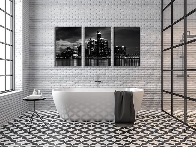 NAN Wind 3 Pcs Wall Art Beautiful Detroit Skyline Black & White Canvas Art Paintings For Room Decor Cityscape Skyscrapers Night Scene Picture Prints On Canvas For Home Decor Modern Giclee Framed
