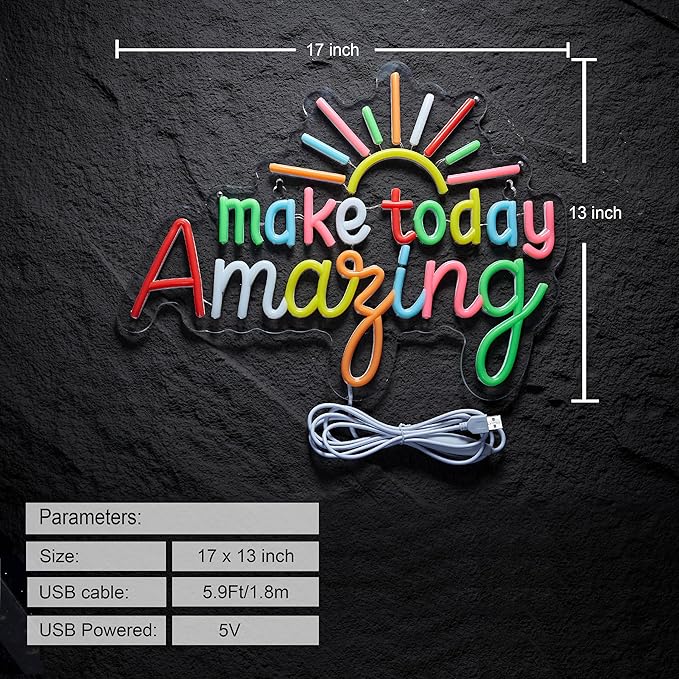 Make Today Amazing Neon Sign for Classroom Wall Decor Dimmable Positive and Upward Quote LED NeonLight USB Powered Rainbow Color Light Up Signfor Wedding Cafe Party Birthday School