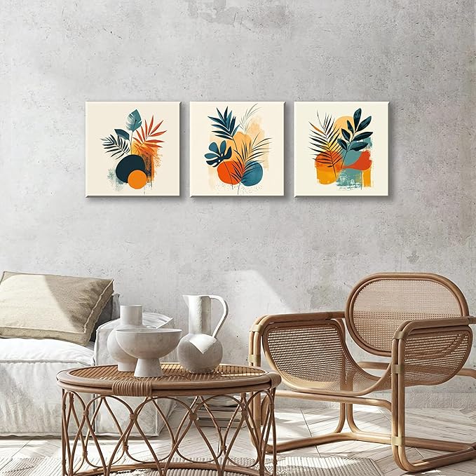 NAN Wind 3Pcs Modern Abstract Botanical Canvas Wall Art Colorful Leaf Prints Contemporary Floral Art for Living Room Minimalist Plant Decor Geometric Canvas Set Ready to Hang for Home Decor